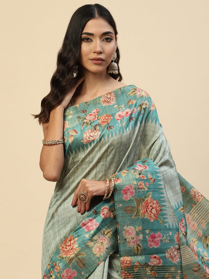 Digital Floral Zari Border Tussar Saree