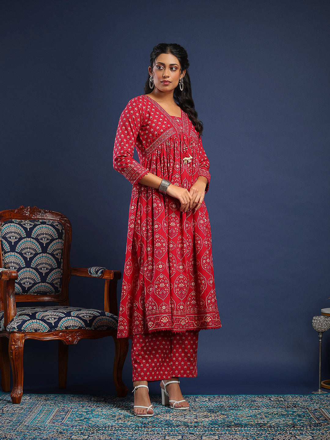 Pink Cotton Blend Printed Straight Suit Set