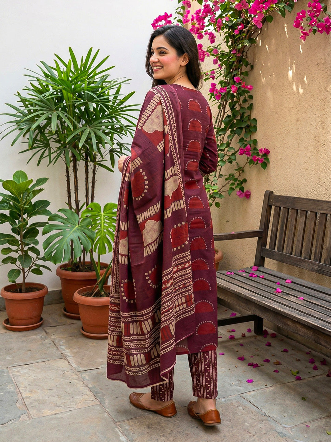 Red Embroidered Cotton Blend Straight Suit Set With Dupatta