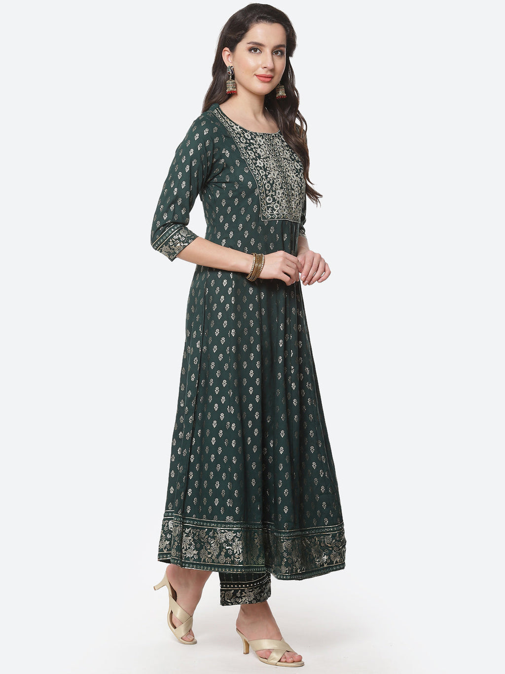 Printed Zari Neck Cotton Stitched Anarkali Salwar Kameez With Chiffon Dupatta
