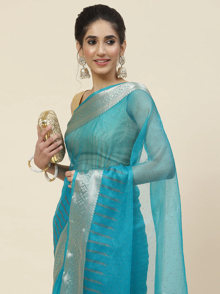 Stone Work Organza Plain Saree