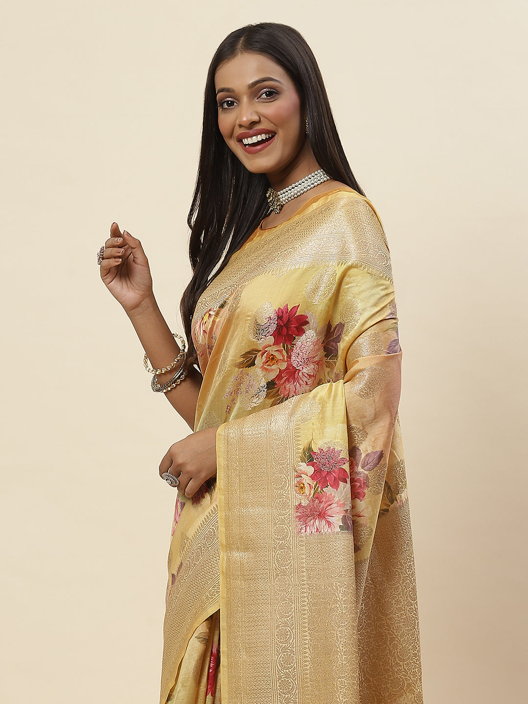 Digitally Floral Printed Tussar Saree
