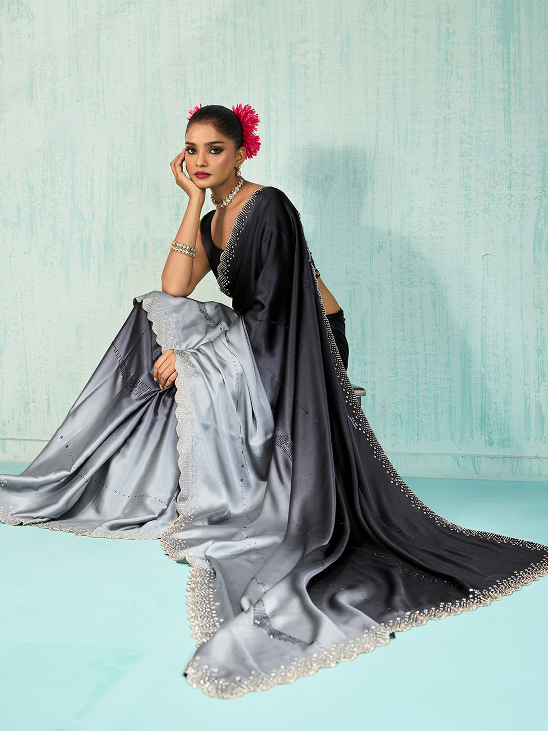 Embroidered Satin Saree