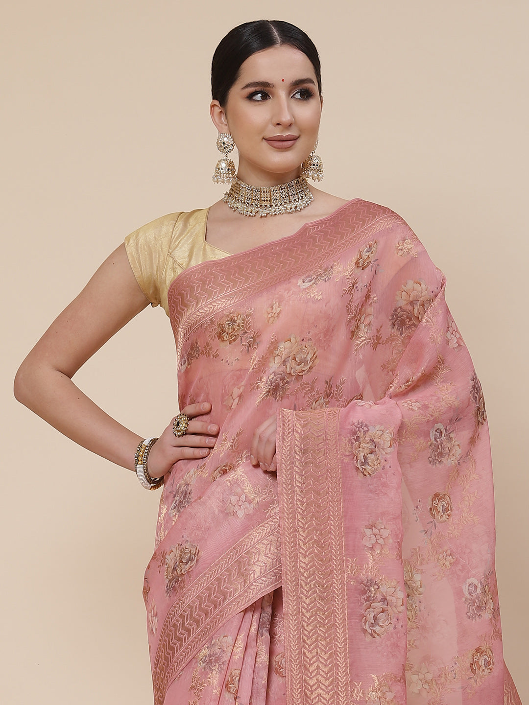 Floral Digital Printed Banarasi Pallu Cotton Saree