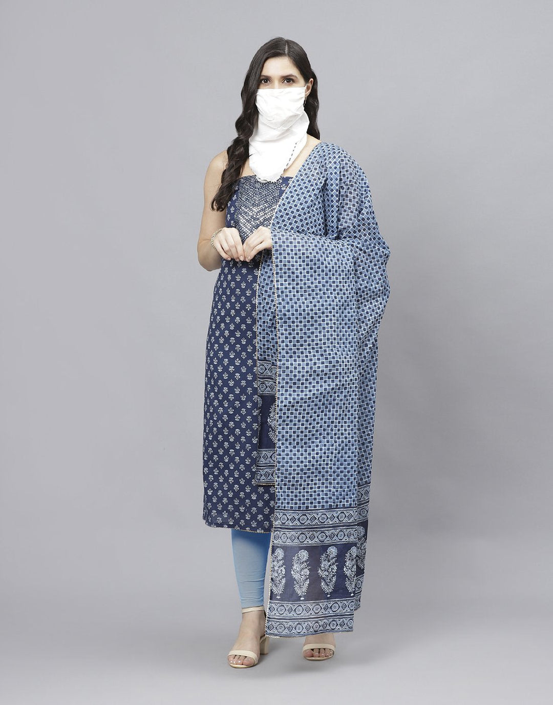 Printed Cotton Suit Piece With Dupatta And Scarf