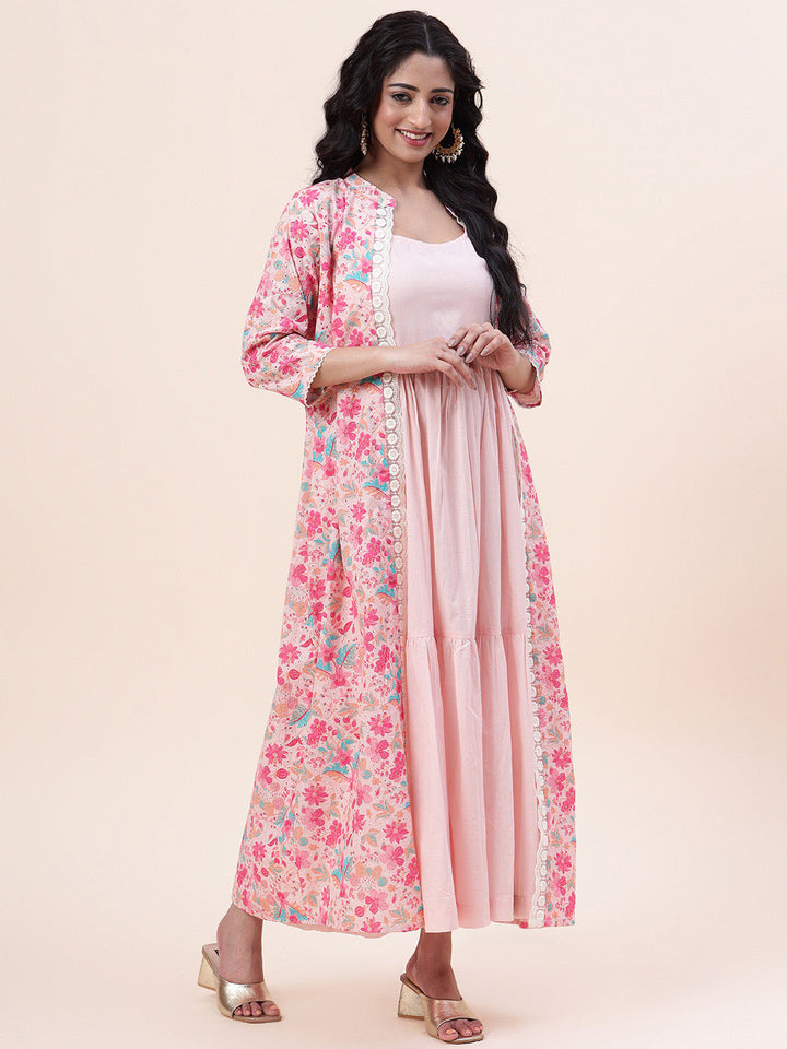 Floral Printed Cotton Gown With Jacket
