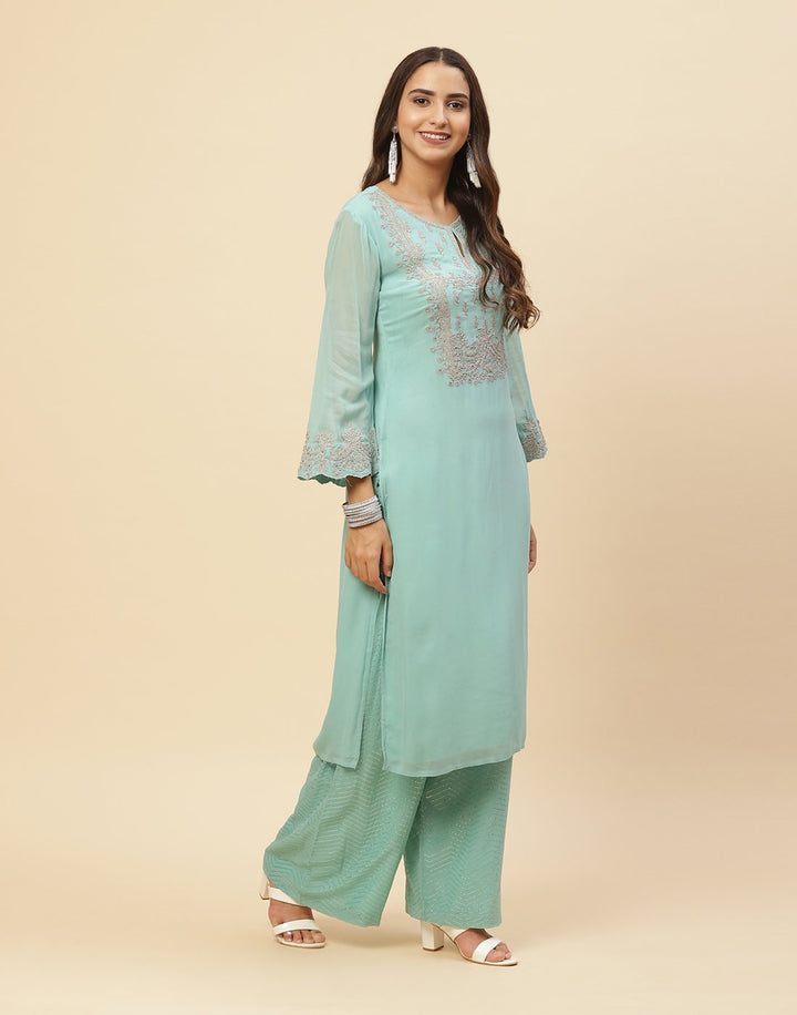 Zari Embroidered Georgette Kurti With Palazzo