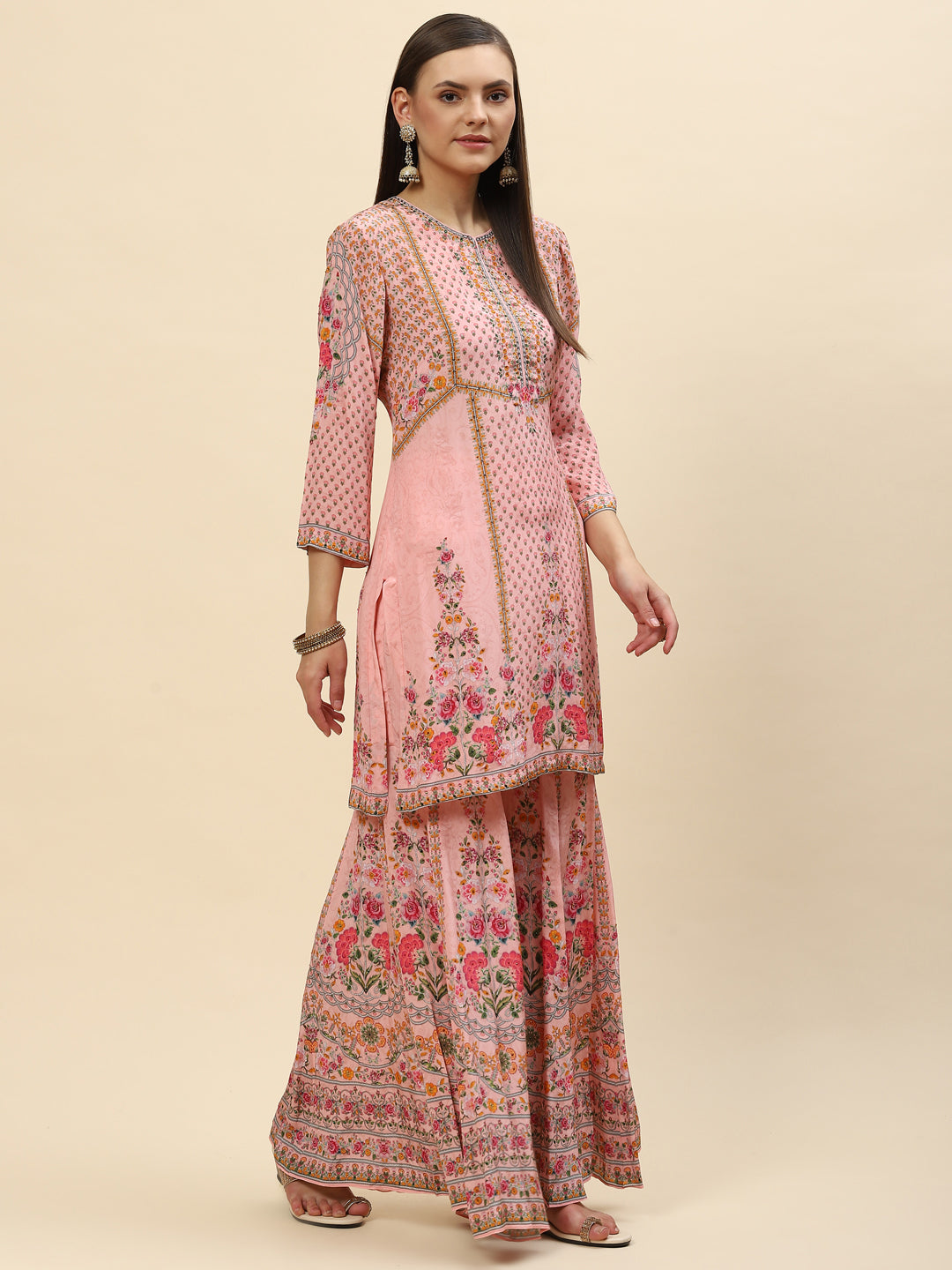 Floral Digital Printed Crepe Kurta With Sharara &amp; Net Dupatta