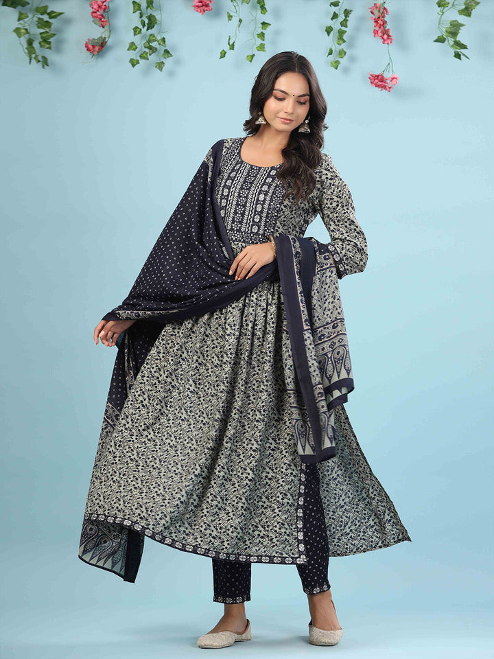 Printed Cotton Kurta With Pants &amp; Dupatta
