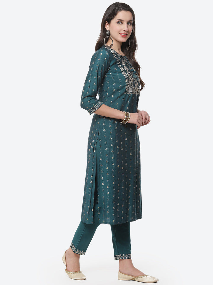 Embroidered Printed Cotton Kurta With Pant