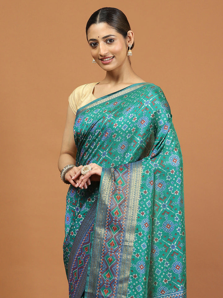 Patola Zari Border Printed Cotton Blend Woven Saree