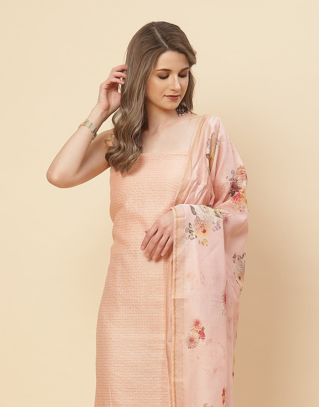 Chanderi Suit Piece With Floral Printed Dupatta