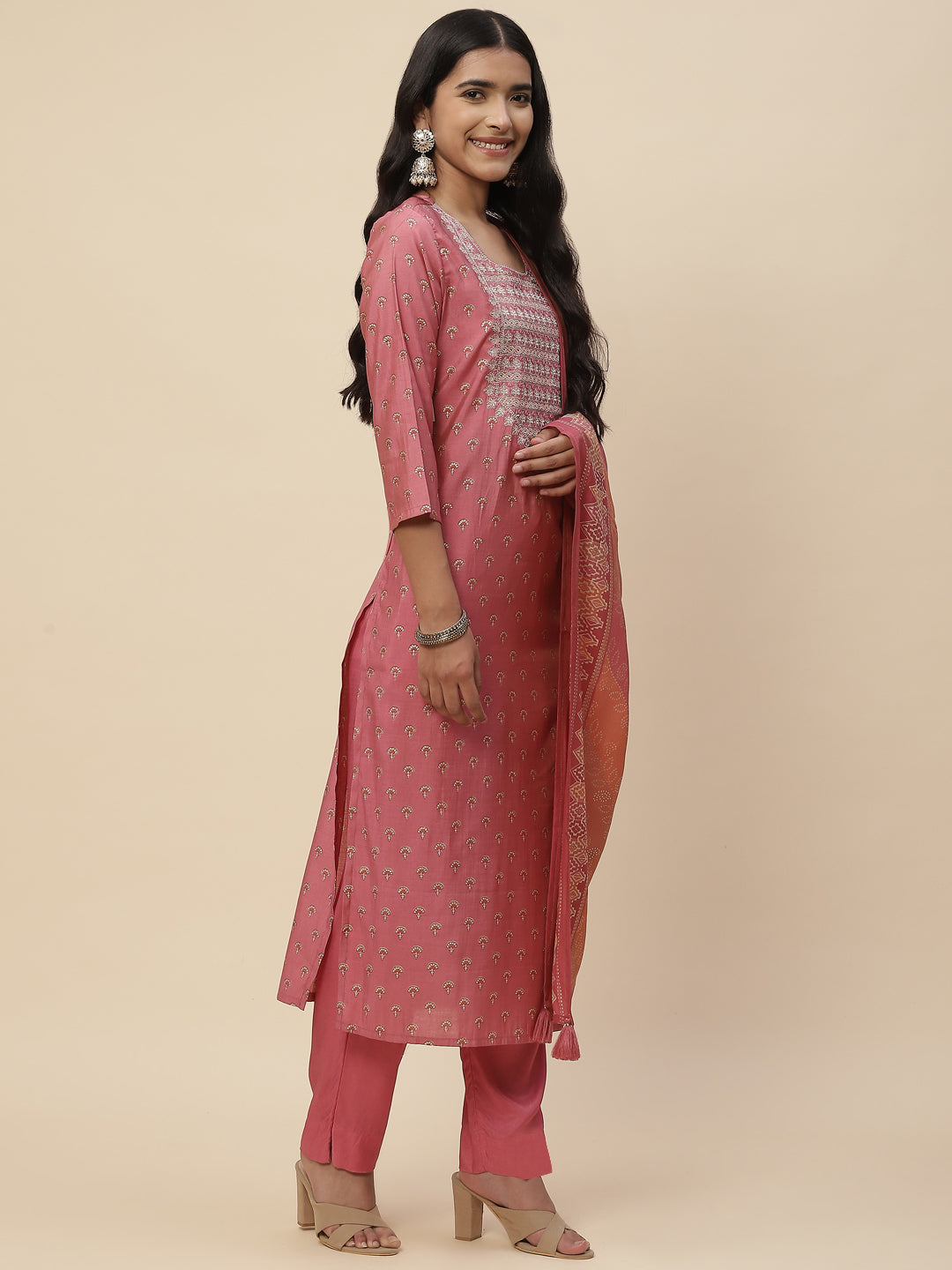 Printed Chanderi Kurta With Pants &amp; Dupatta