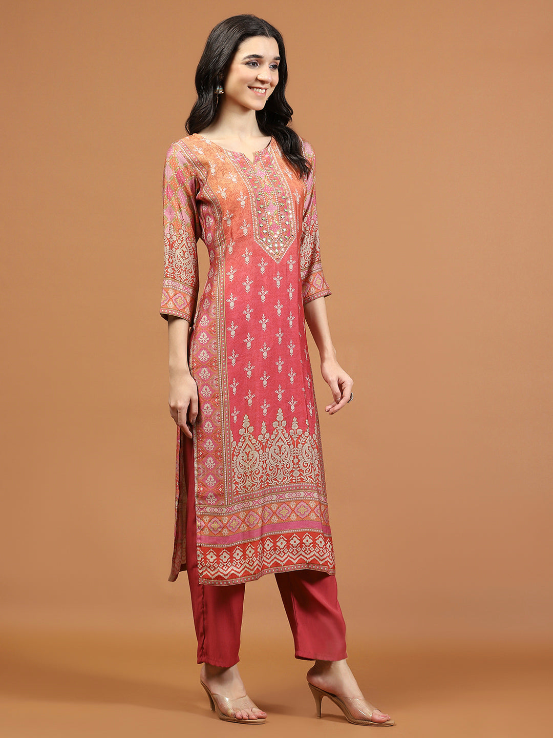 Neck Embroidered Muslin Kurta With Pants &amp; Dupatta