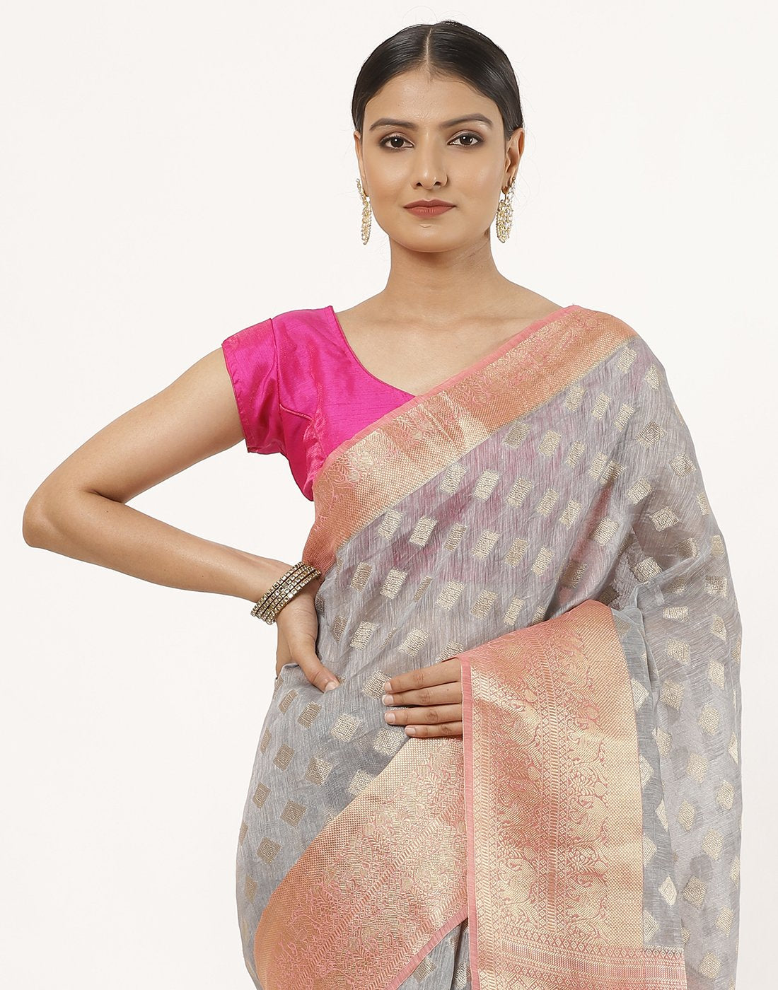 MBZ Meena Bazaar-Cotton Saree With Linen Texture and beautiful Pink Boarder