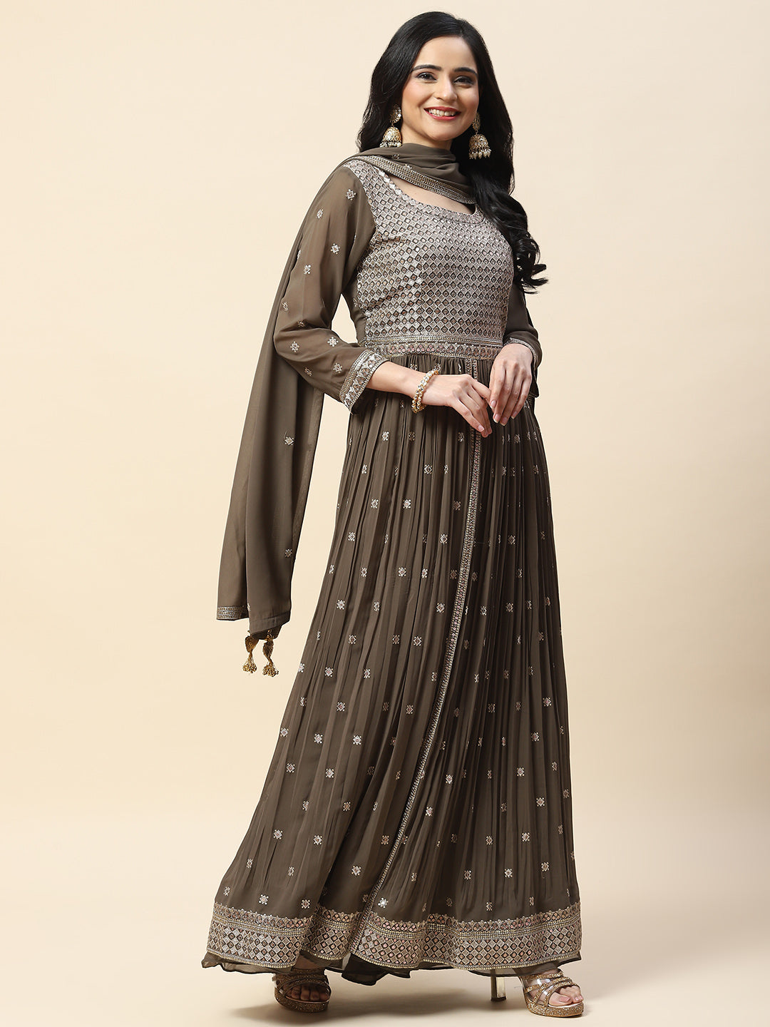 Sequin Embroidered Georgette Kurta With Sharara &amp; Dupatta