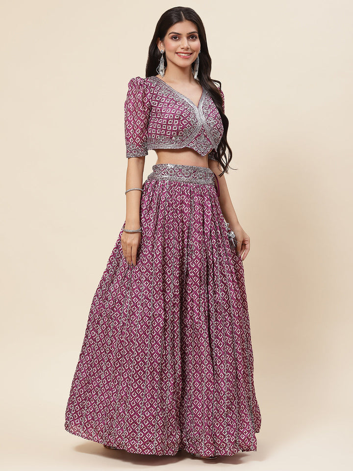Printed Sequin Embroidered Crepe Choli With Lehenga &amp; Net Dupatta