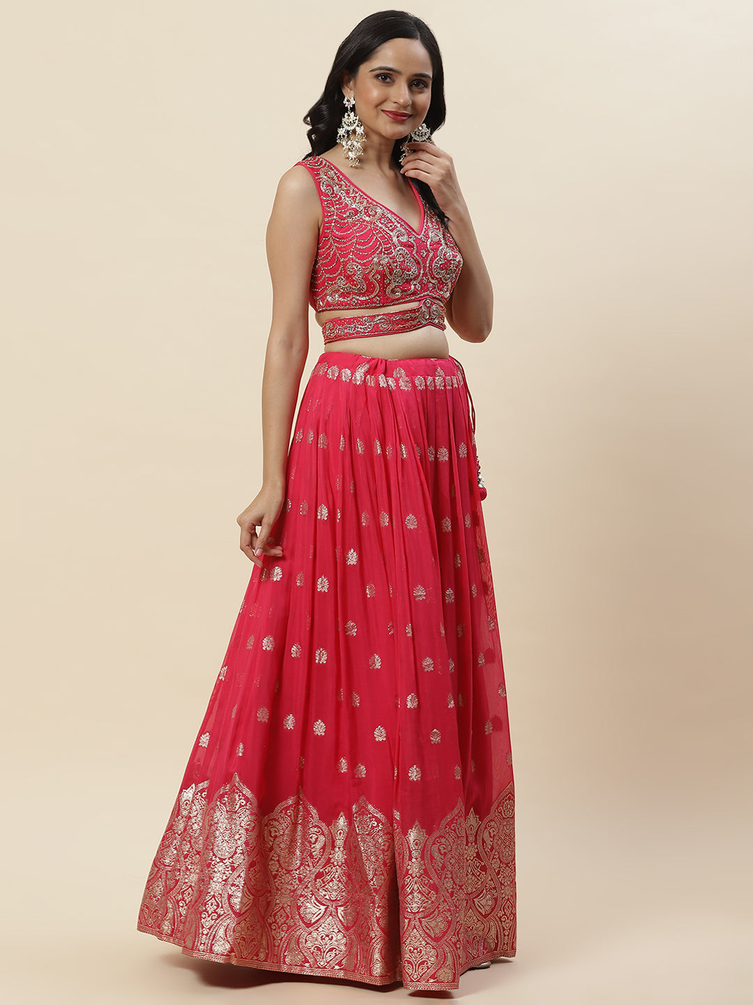 Zari Booti Embroidered Organza Choli With Lehenga &amp; Dupatta
