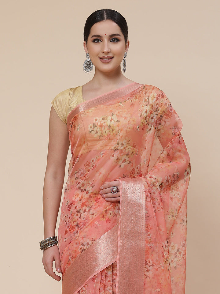Floral Digital Printed Zari Border Organza Saree