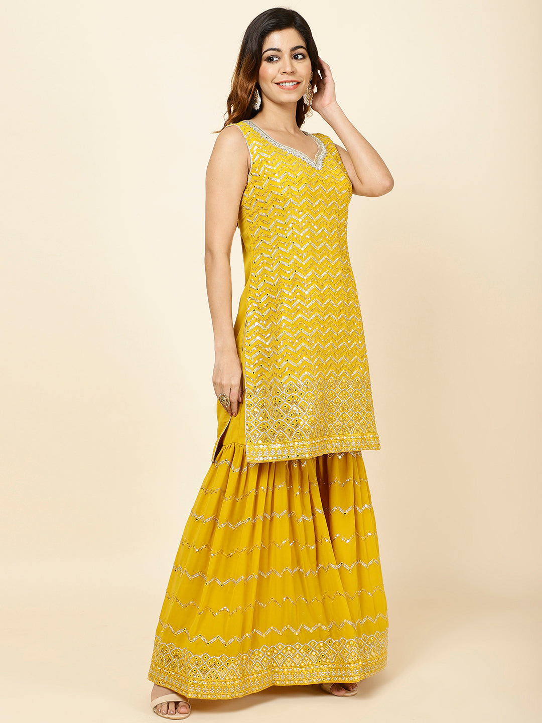 Embroidered Georgette Kurta With Garara & Dupatta