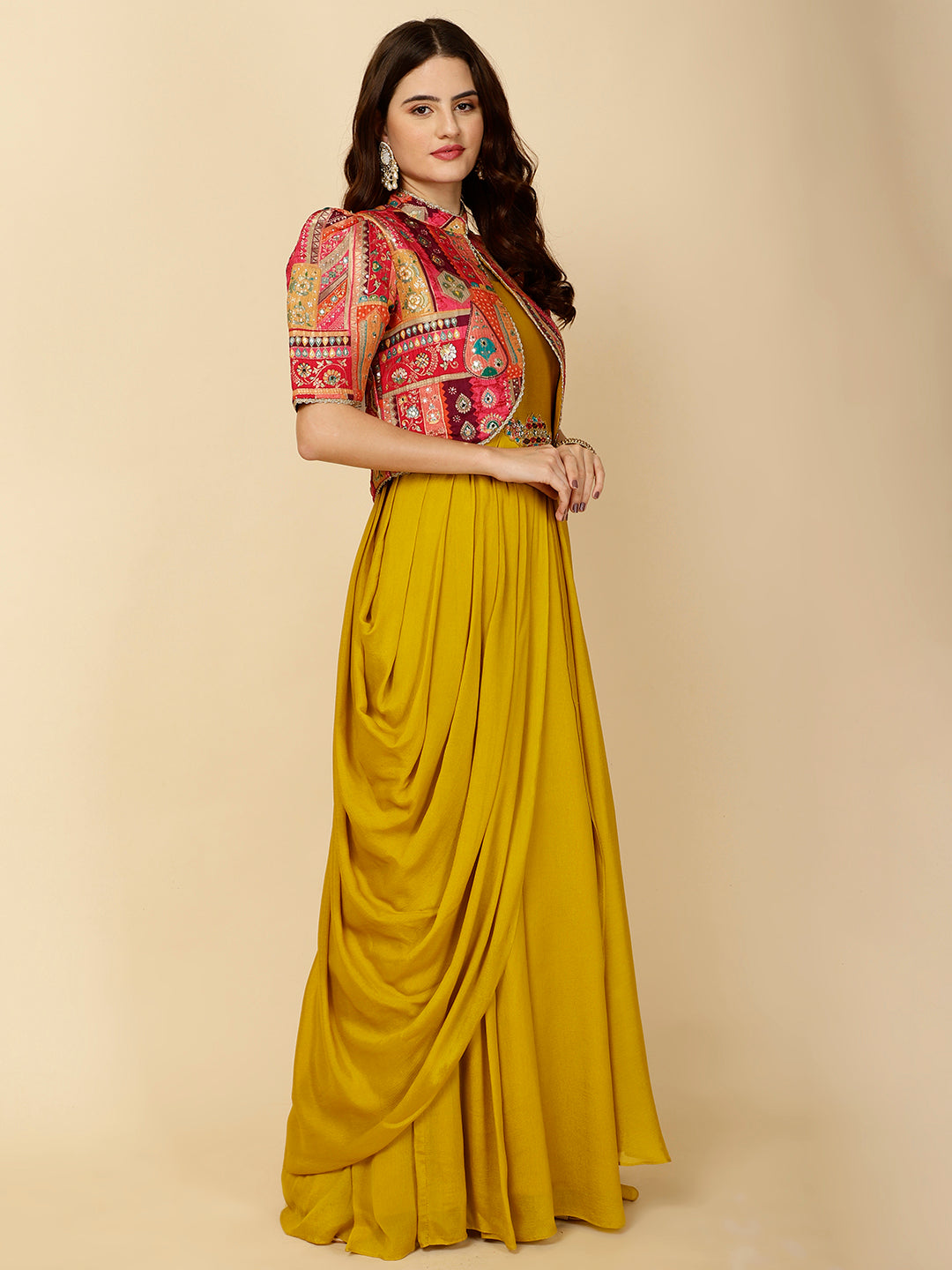 Plain Crepe Gown Dress With Jacket