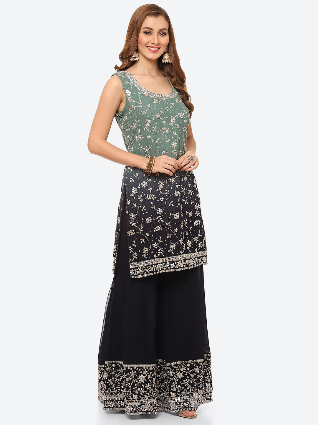 Zari Booti Georgette Kurta With Palazzo &amp; Dupatta