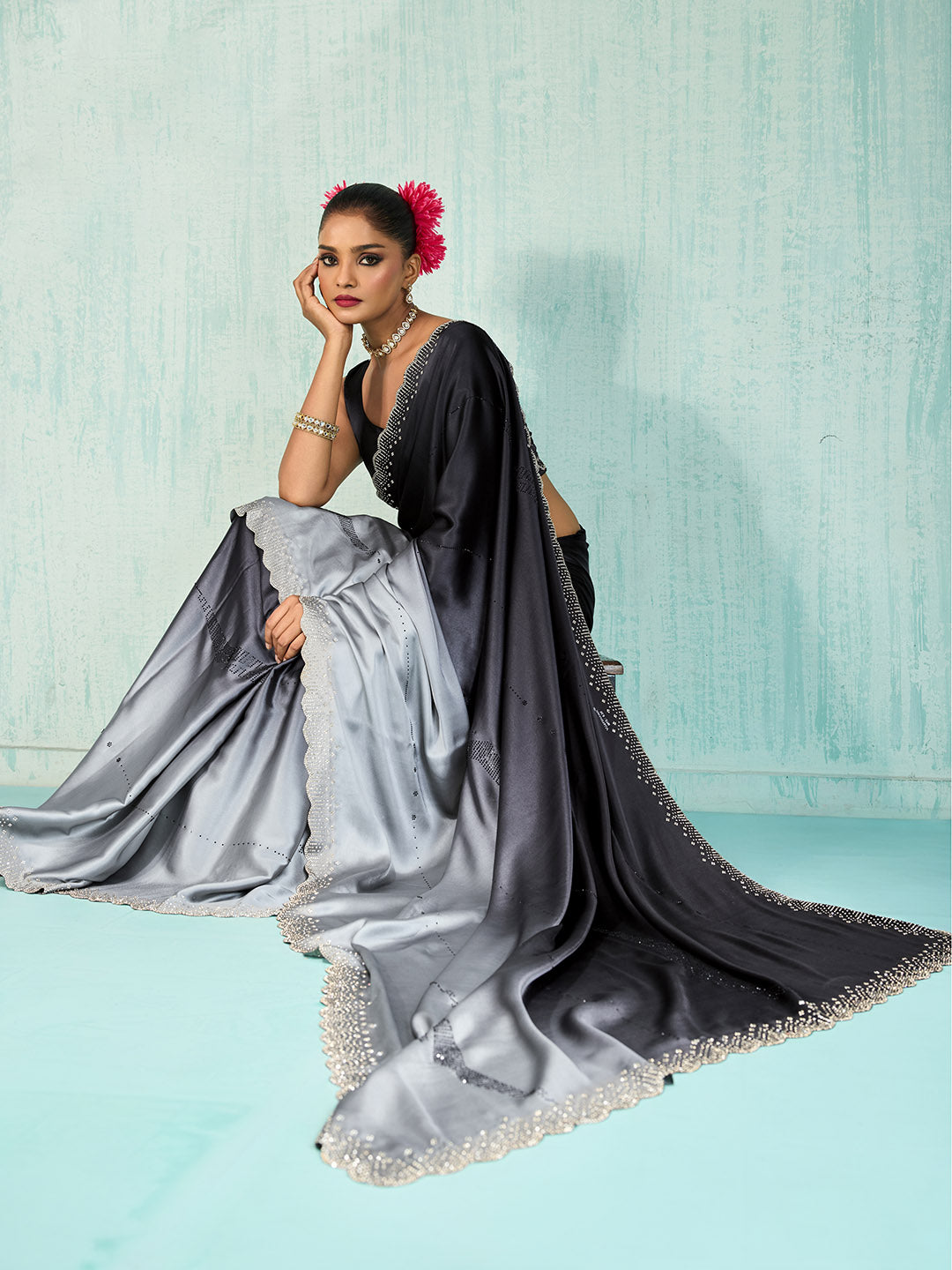 Embroidered Satin Saree