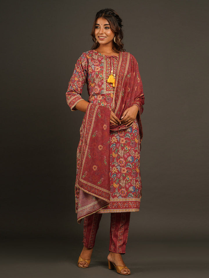 Floral Printed Muslin Kurta With Pants &amp; Dupatta