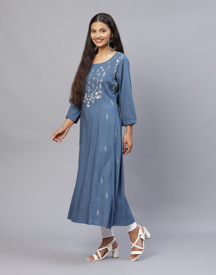 Plain Cotton Kurti With Yoke Embroidery