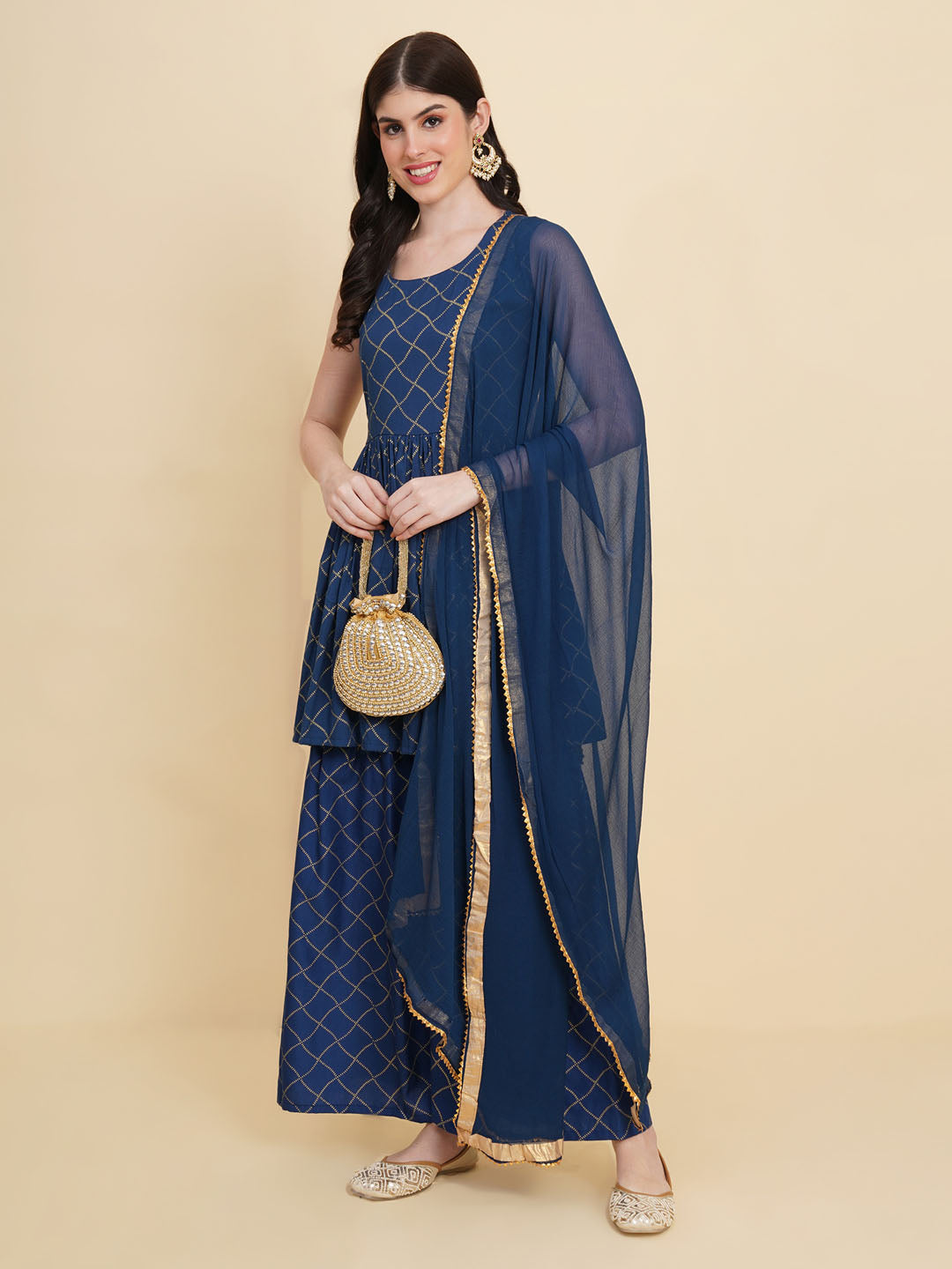 Printed Cotton Blend Blue Suit With Pant &amp; Dupatta