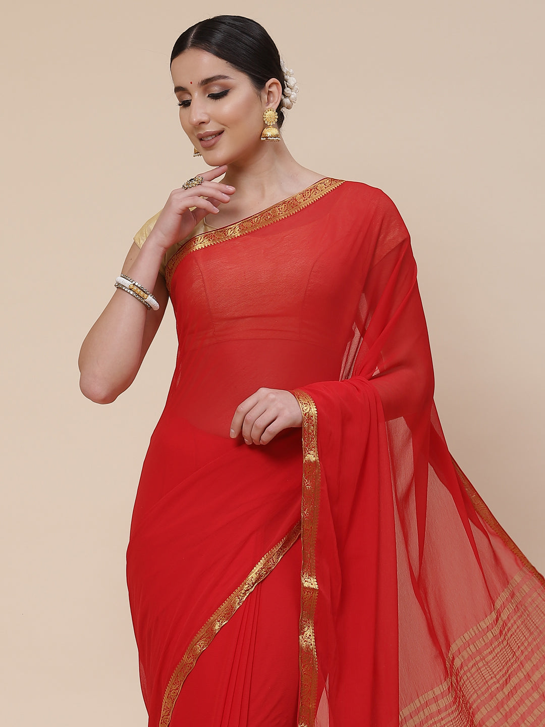 Piped Border Chiffon Plain Saree