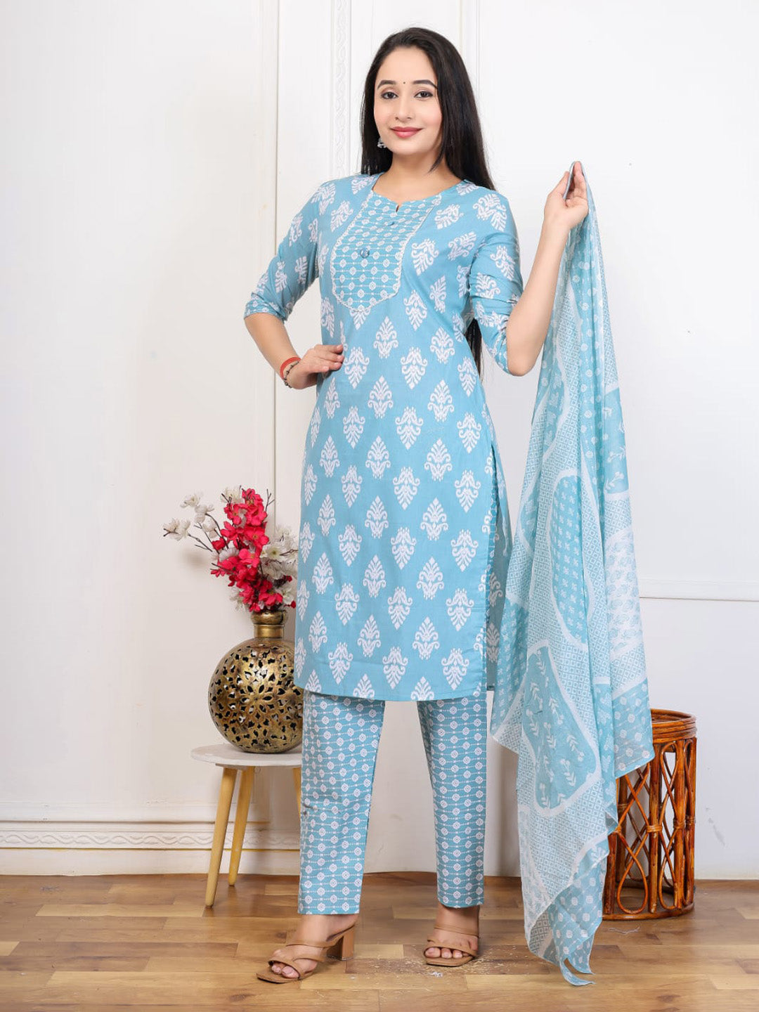 Embroidered Cotton Blend Kurta With Pant &amp; Dupatta