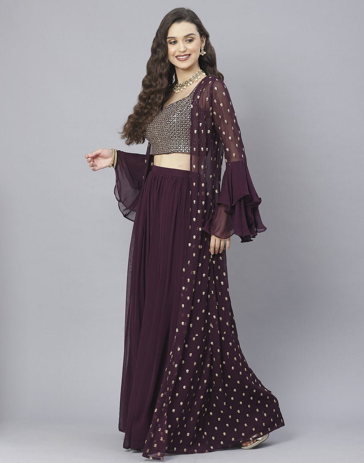 Bottle Green, Wine and Navy Blue Georgette Salwar Kameez with Shrug