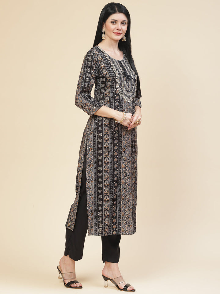 Neck Embroidered &amp; Printed Muslin Kurta With Pants