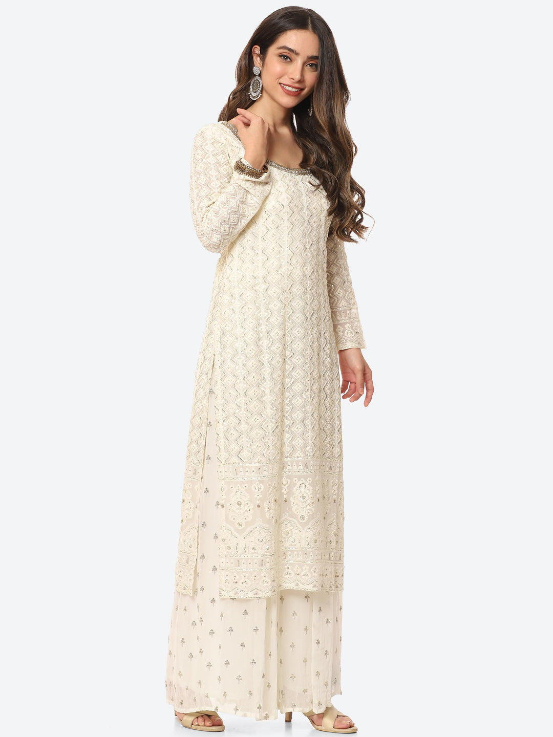 Resham Sequin Booti Georgette Kurta With Palazzo &amp; Net Dupatta
