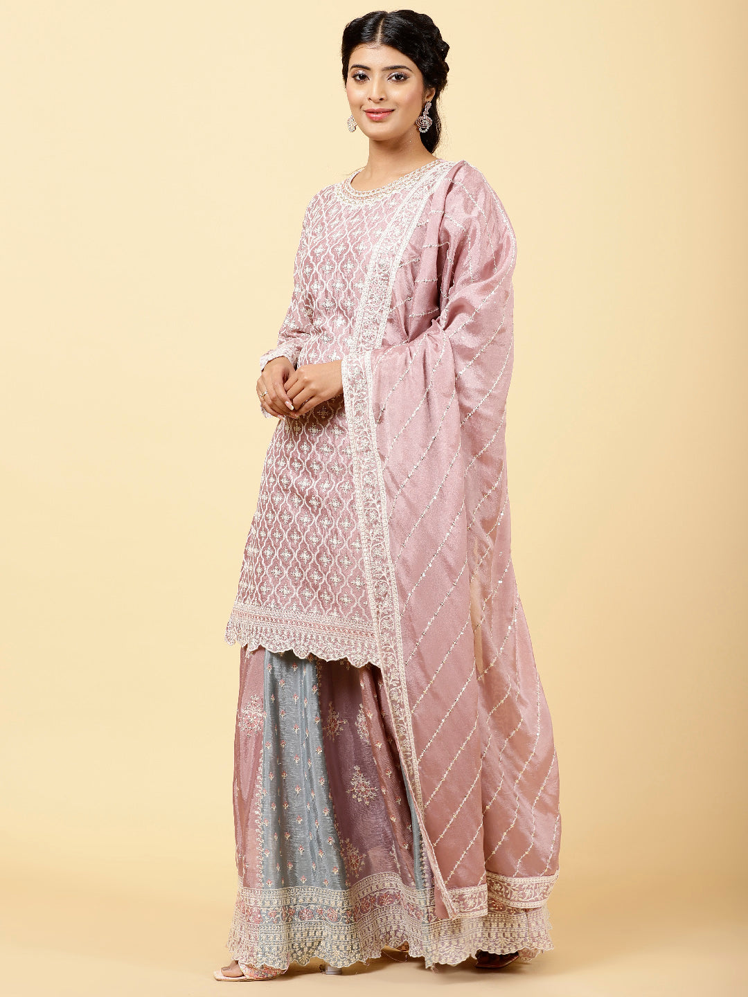 Sequin Embroidered Crepe Choli With Lehenga &amp; Dupatta