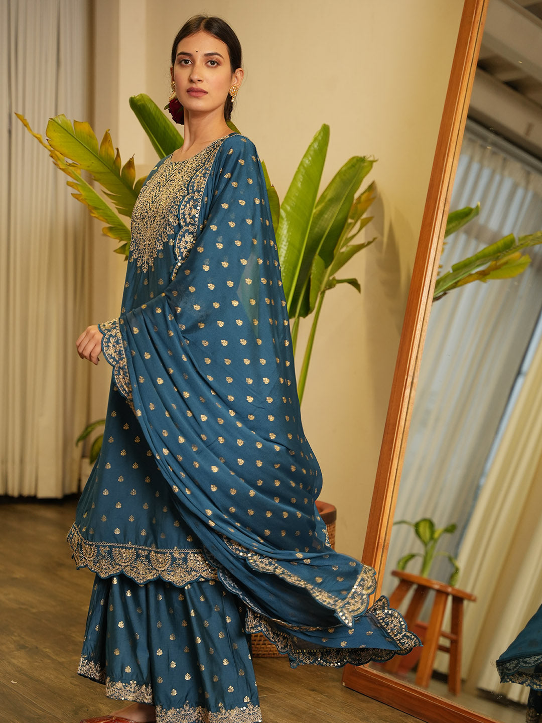 Neck Embroidered Chanderi Kurta With Garara &amp; Dupatta