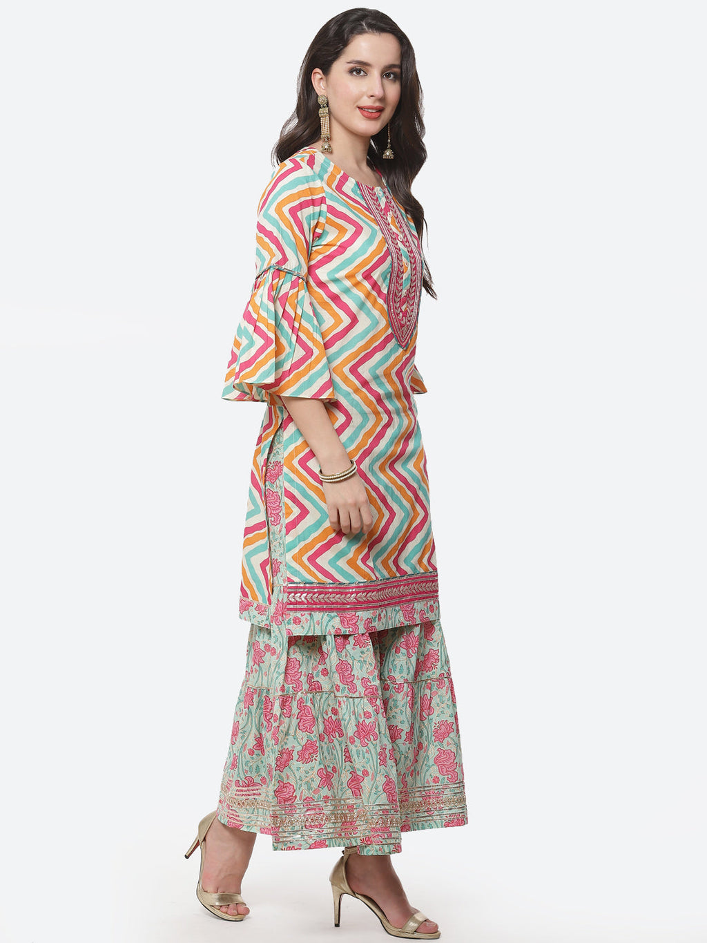 Leheriya Printed Gota Work Cotton Kurti With Sharara