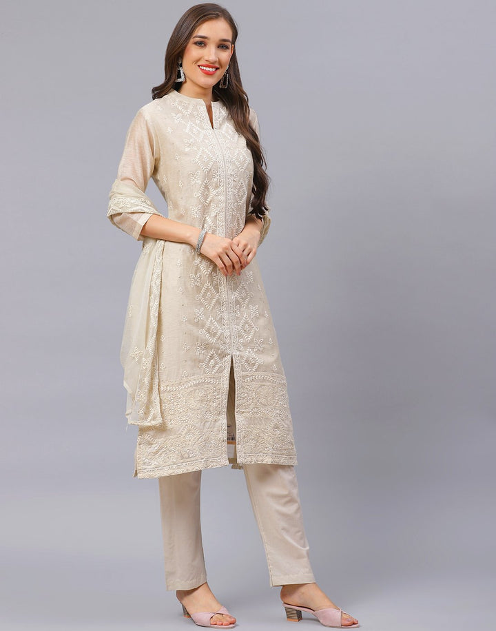 Beige Straight Chanderi Salwar Kameez Stitched Suit