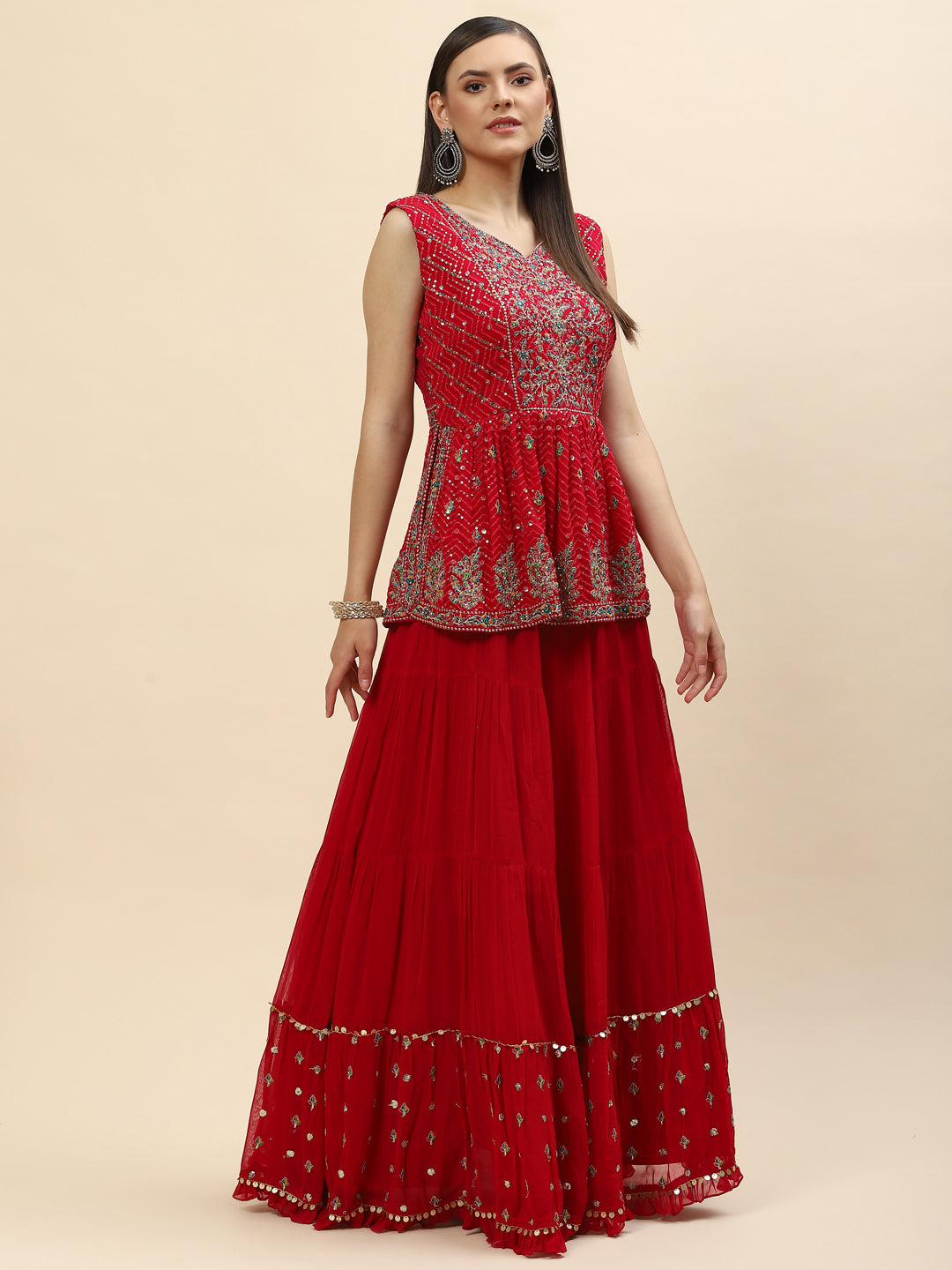 Sequin Embroidered Georgette Peplum Choli With Lehenga &amp; Dupatta