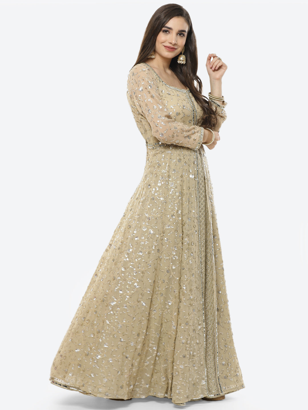 Embroidered Georgette Anarkali Kurti With Lehenga And Net Dupatta