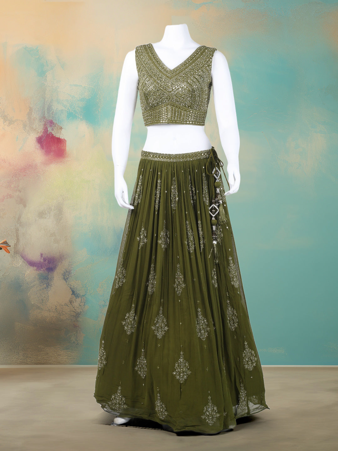 Resham Mirror Work Georgette Choli With Lehenga &amp; Dupatta