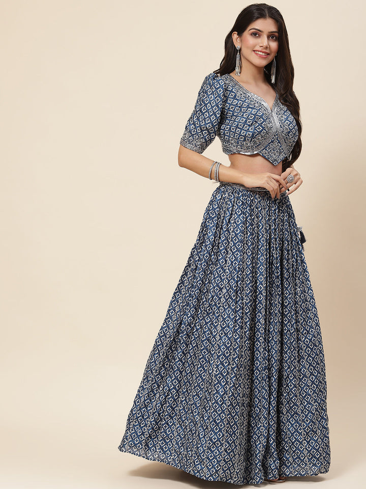 Printed Sequin Embroidered Crepe Choli With Lehenga &amp; Net Dupatta