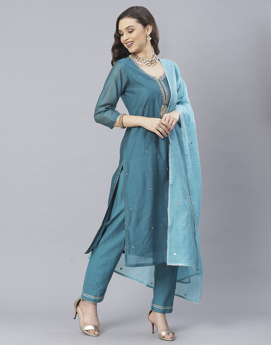 Lake Blue and Maroon Cotton Chanderi Salwar Kameez