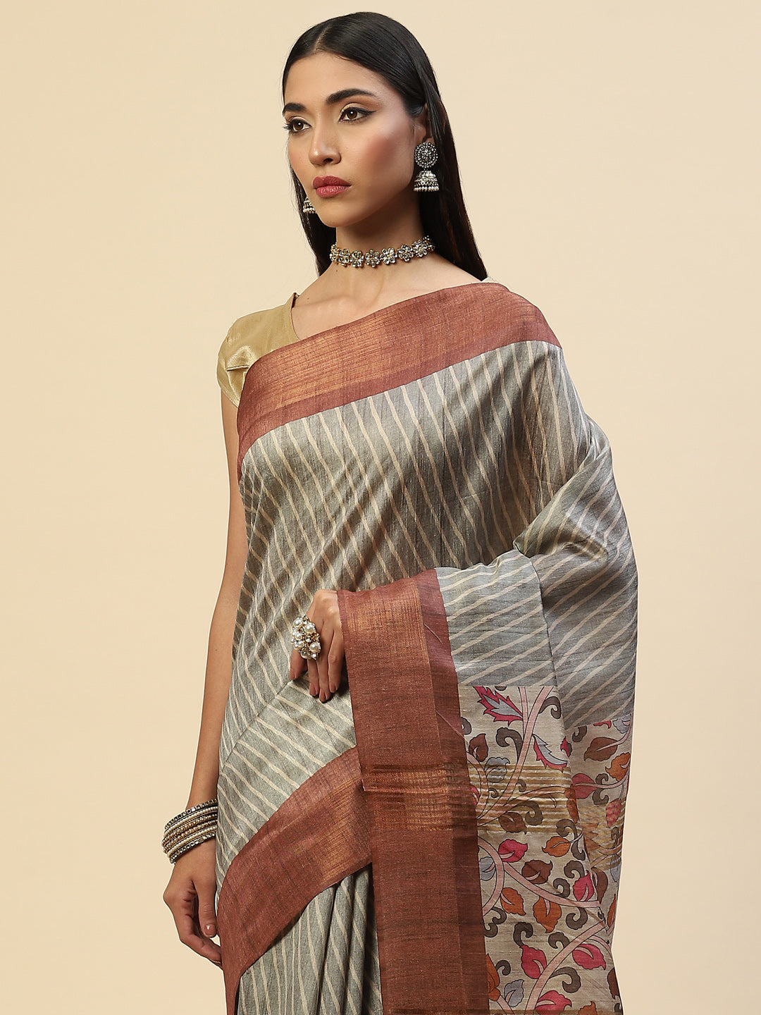 Geometric Printed Tussar Saree