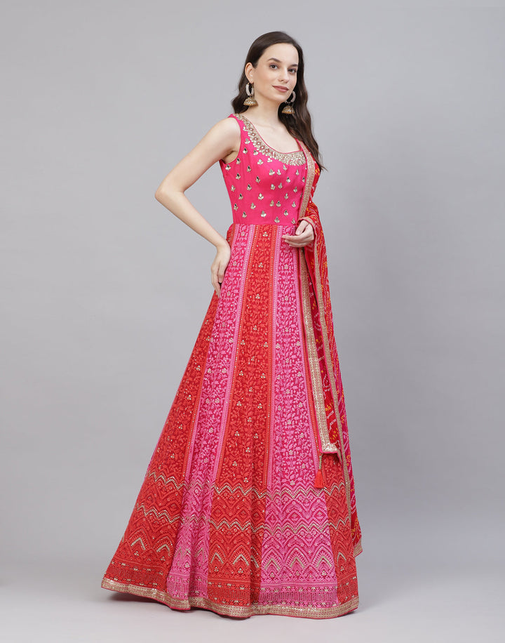 Mirror Work Georgettte Stitched Anarkali Salwar Kameez With Bandhani Printed Dupatta