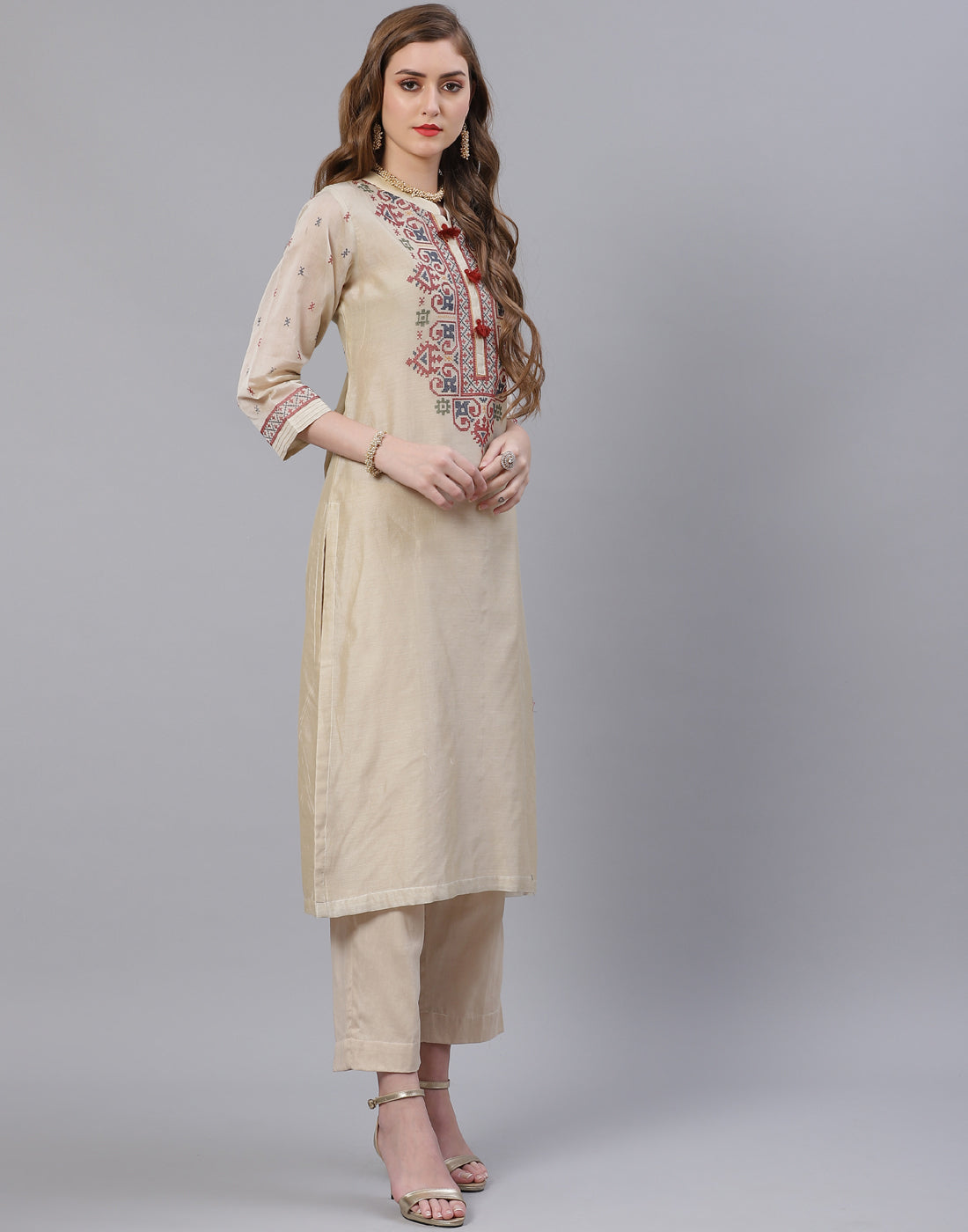 Embroidered Cotton Kurta With Pant & Chanderi Dupatta