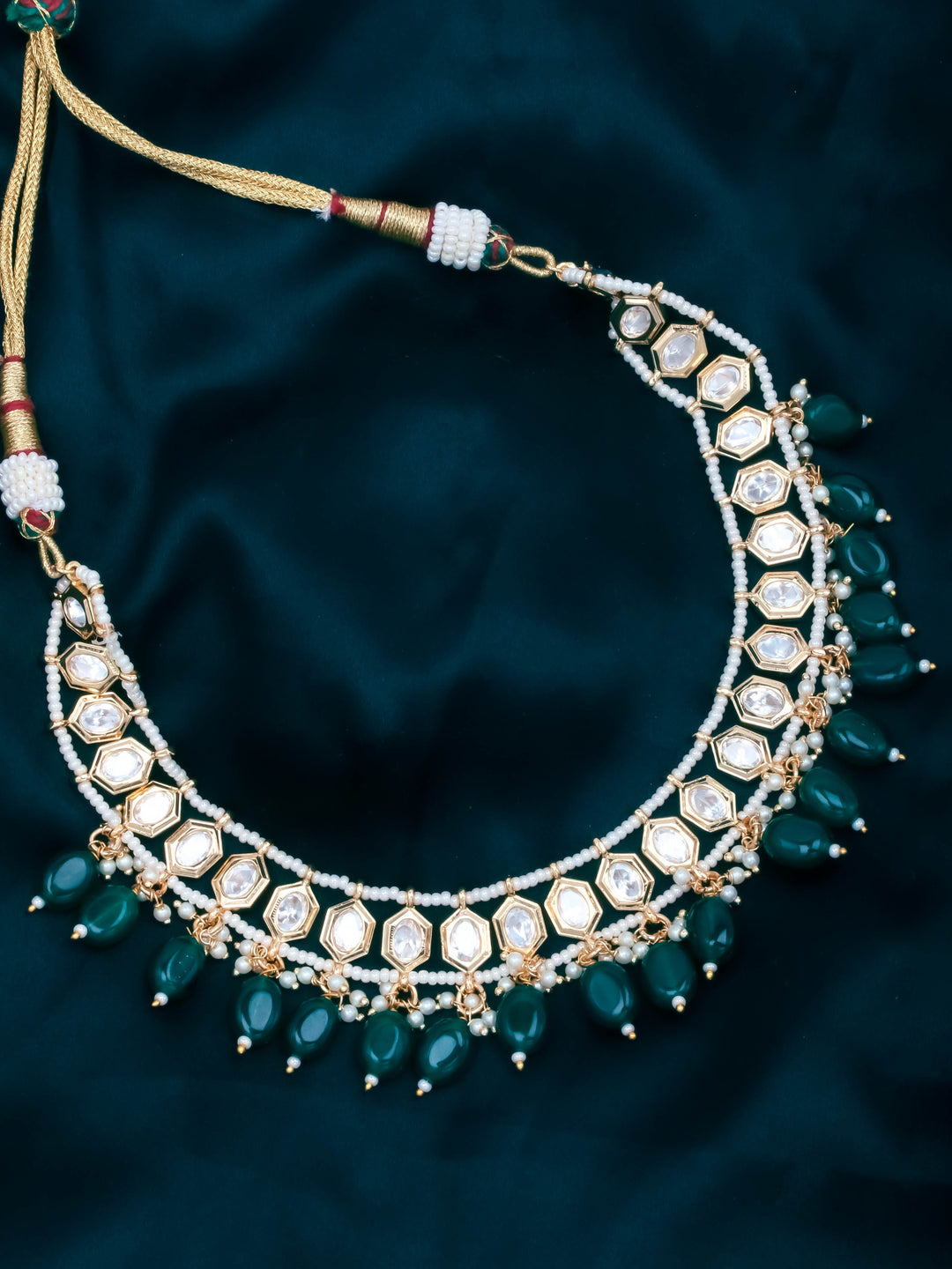 Golden &amp; Green Necklace Set With Earrings