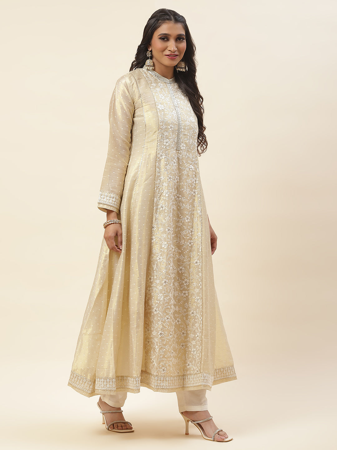 Resham Booti Embroidered Cotton Anarkali Kurta With Churidar &amp; Dupatta