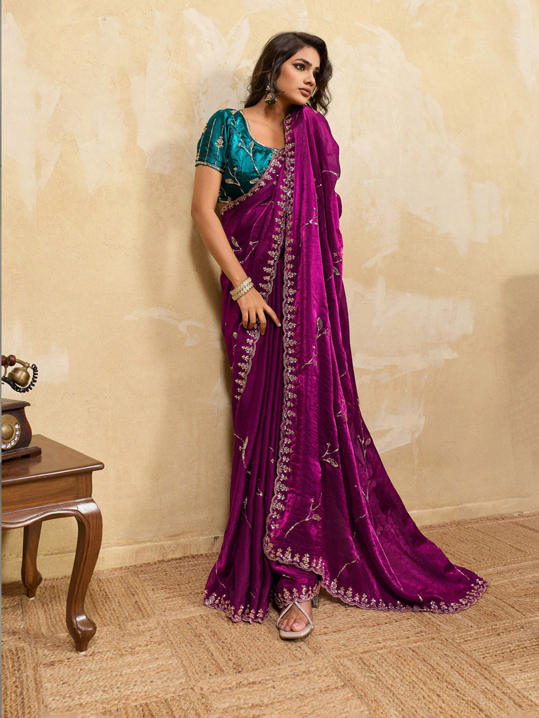 Embroidered Satin Velvet Saree